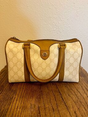 Gucci Vintage Boston Bag Cream GG Monogram Tan Leather